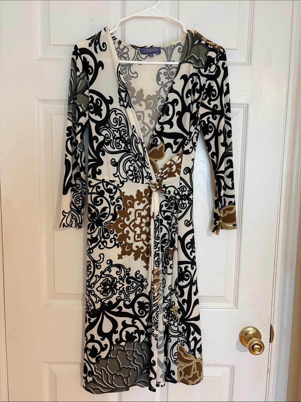 Vivienne Tam Black, White & Brown Printed Wrap Dress